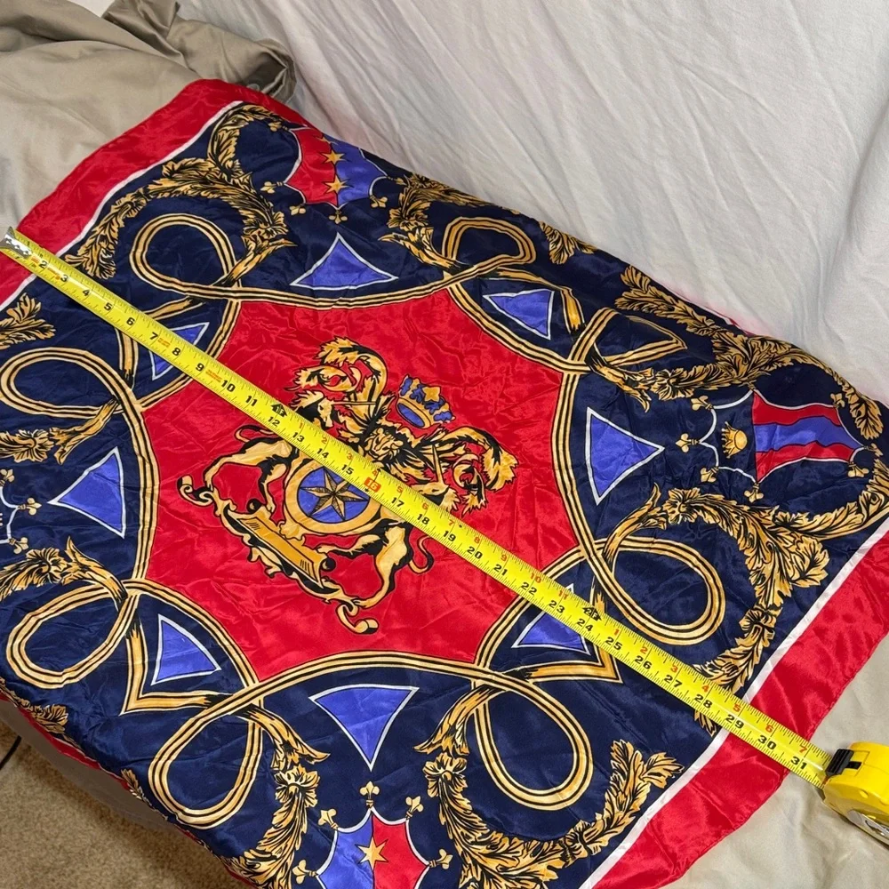 Bill Blass Vintage Red, Gold, Blue Scarf with Coat of Arms and Acanthus  Design.